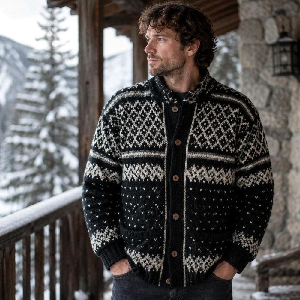 Made in Nepal 100% Wool Nordic Fair Isle Cardigan Sweater Black Gray White